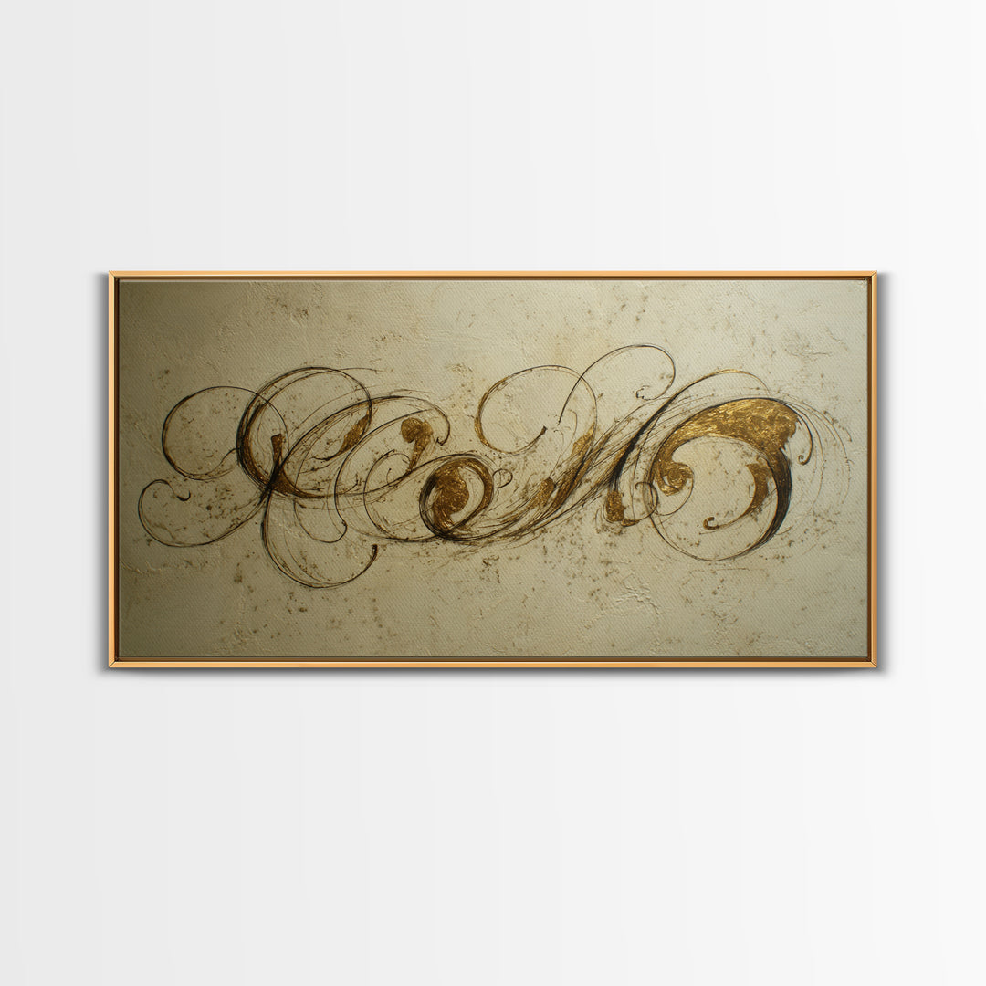 Gold Leaf Calligraphic Spiral on Plaster Surface Canvas Print, Calligraphy Art, Wall Art, Living Room Decor, Watercolor Art, CAL-2x1-82