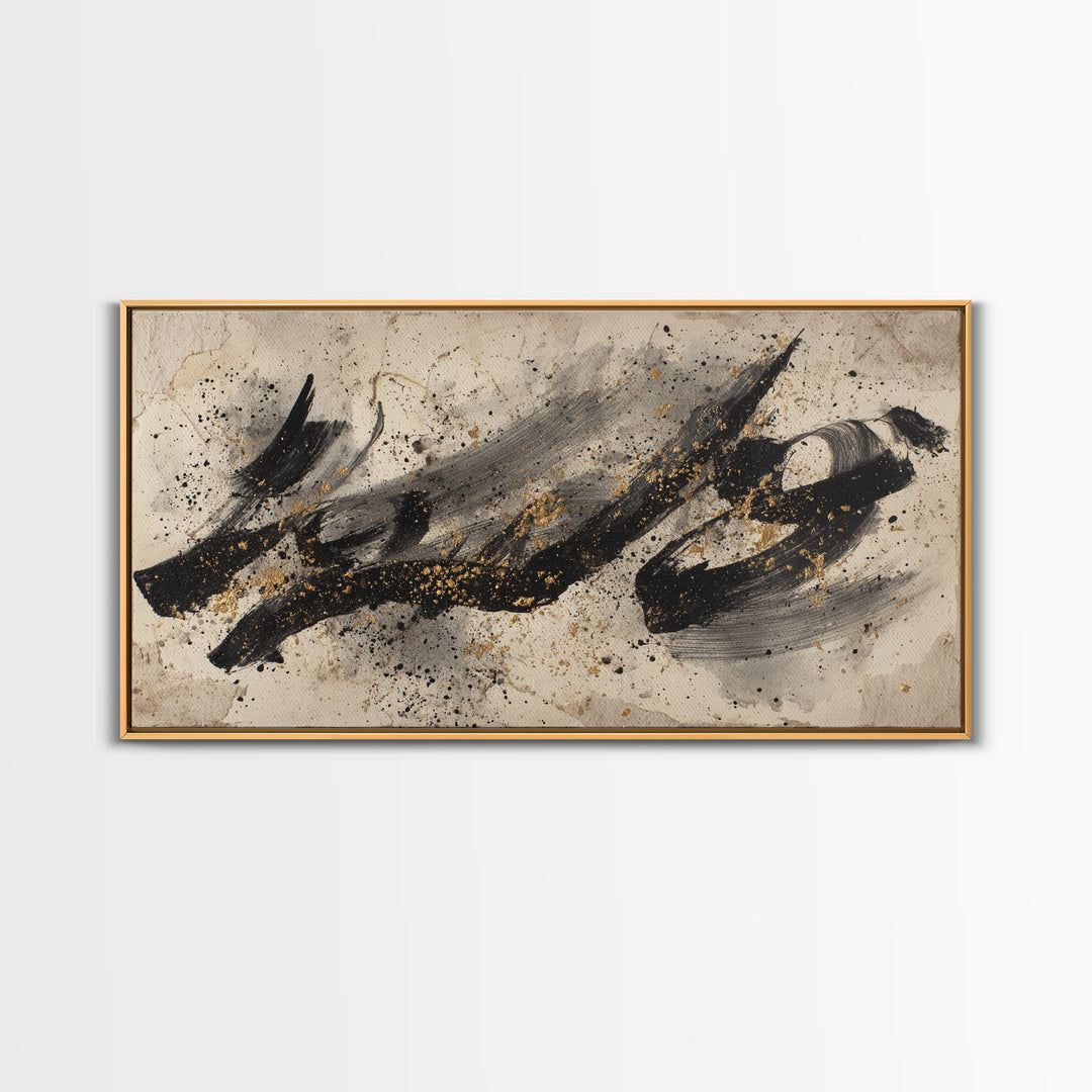 Monochrome Brush Alphabet Fragments as Abstract Texture Canvas Print, Calligraphy Art, Living Room Decor, Script, CAL-2x1-9