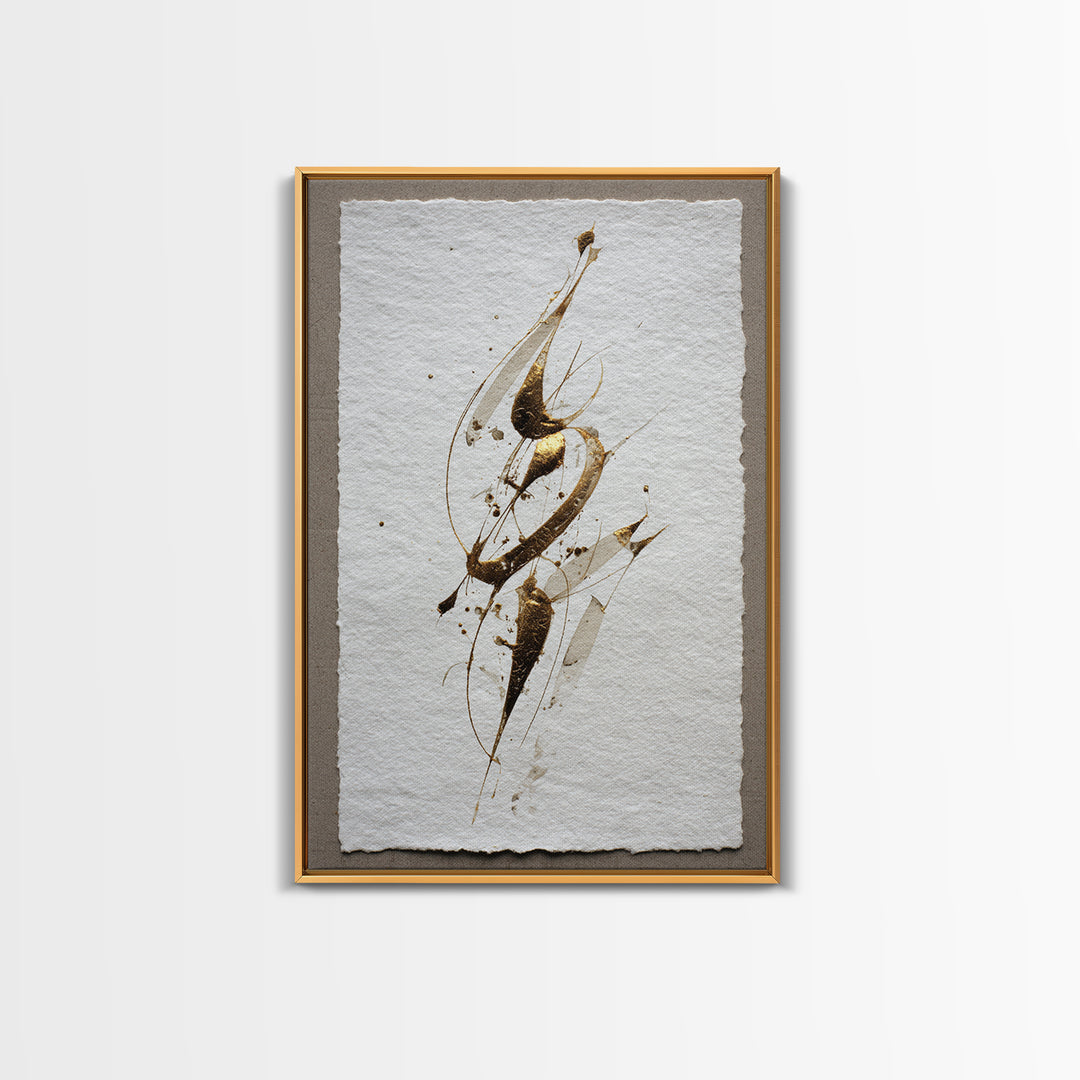 Abstract Gold Calligraphic Strokes on Ivory Paper Canvas Print, Calligraphy Art, Luxury Decor, Living Room Decor, Script, CAL-2x3-10
