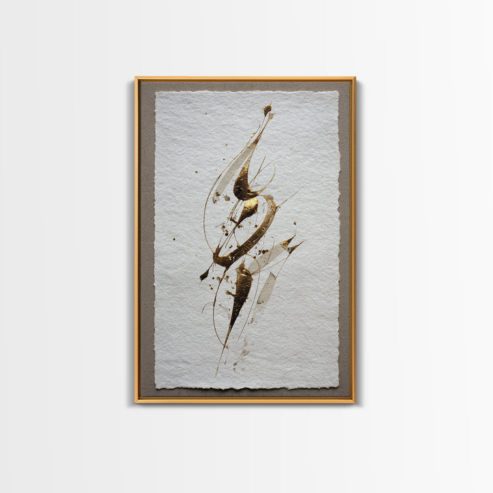 Abstract Gold Calligraphic Strokes on Ivory Paper Canvas Print, Calligraphy Art, Luxury Decor, Living Room Decor, Script, CAL-2x3-10