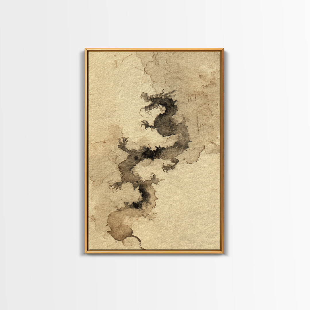 Ink Wash Dragon Curve Framed Canvas Print, Calligraphy Art, Painting, Living Room Decor, Fine Art, Script, Japanese Art, CAL-2x3-17