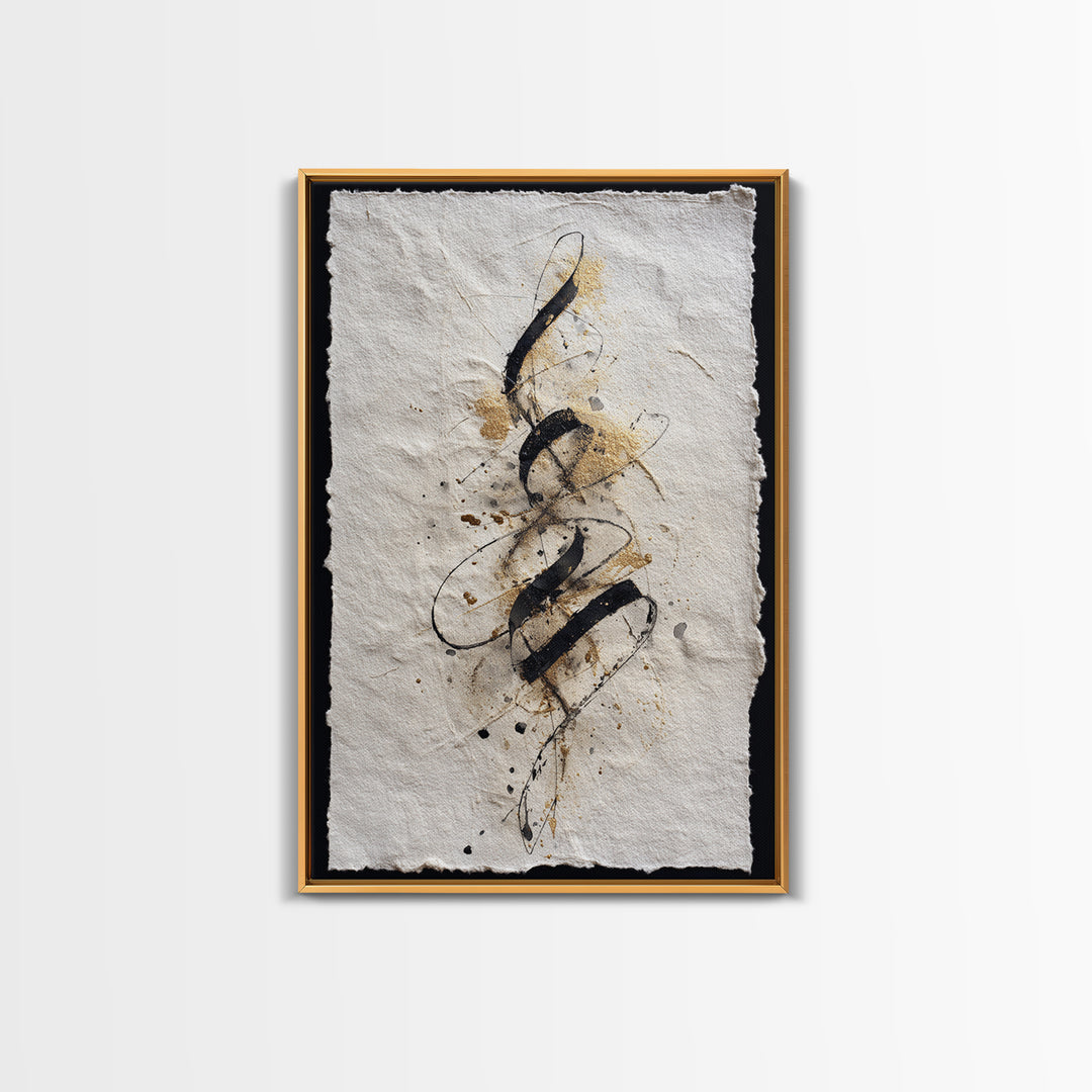 Gold Leaf Calligraphic Spiral on Plaster Surface Canvas Print, Calligraphy Art, Textured Painting, Living Room Decor, Script, CAL-2x3-22