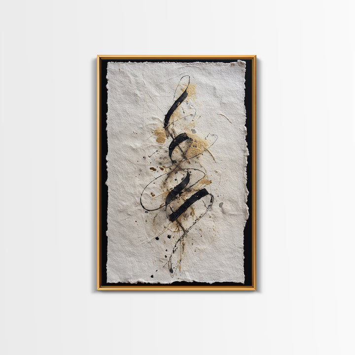 Gold Leaf Calligraphic Spiral on Plaster Surface Canvas Print, Calligraphy Art, Textured Painting, Living Room Decor, Script, CAL-2x3-22