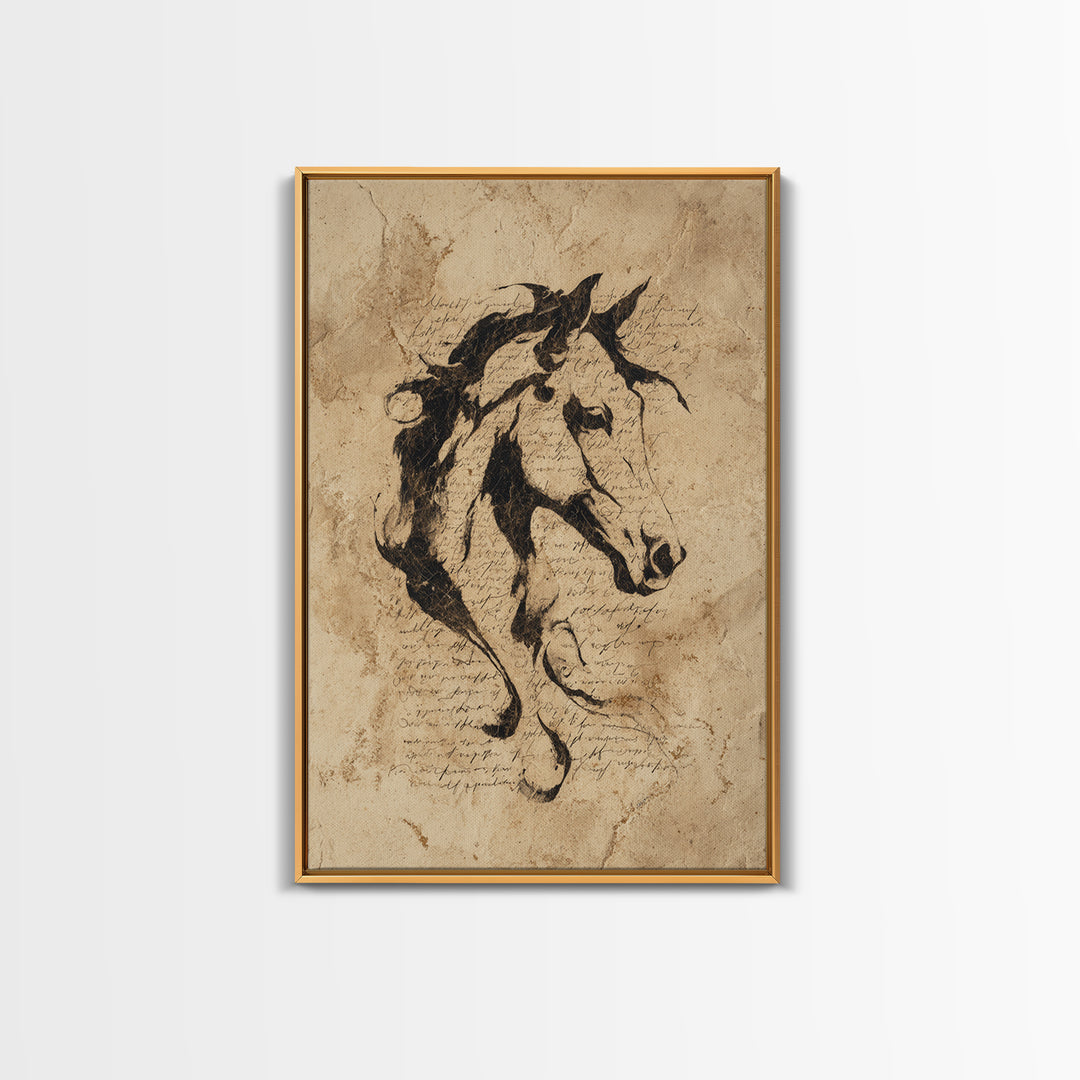 Calligraphic Horse Silhouette Made from One Line Framed Canvas Print, Calligraphy Art, Wall Art, Living Room Decor, Script, CAL-2x3-25