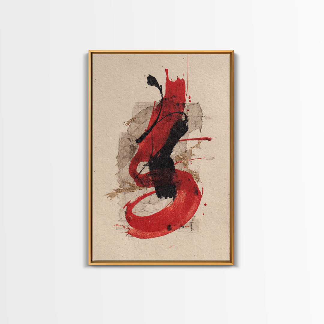 Bold Red Brushstroke Seal Abstraction Framed Canvas Print, Calligraphy Art, Watercolor Print, Living Room Decor, Script, CAL-2x3-3