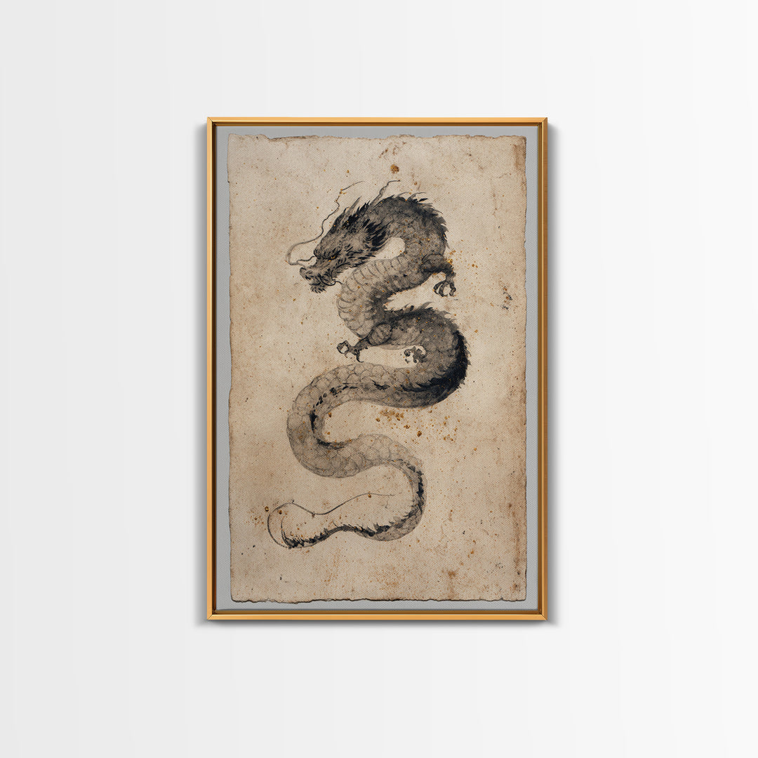 Ink Wash Dragon Curve Framed Canvas Print, Calligraphy Art, Painting, Living Room Decor, Fine Art, Script, Japanese Art, CAL-2x3-41