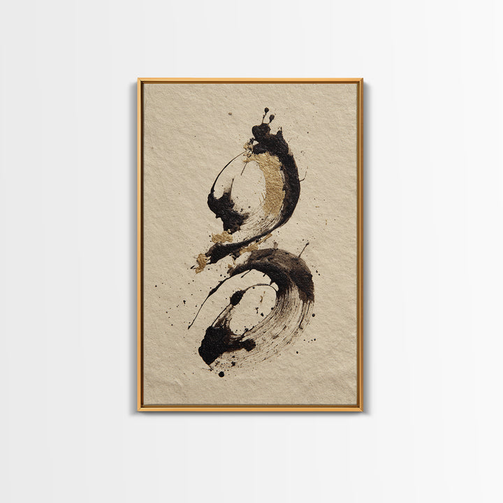 Ink Splatter and Long Brushstroke Composition Framed Canvas Print, Calligraphy Art, Boho Decor, Living Room Decor, Script, CAL-2x3-48