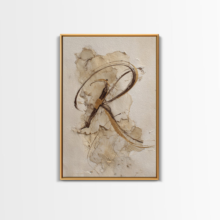 Gold Leaf Calligraphic Spiral on Plaster Surface Canvas Print, Calligraphy Art, Art, Living Room Decor, Oil Painting, Script, CAL-2x3-70