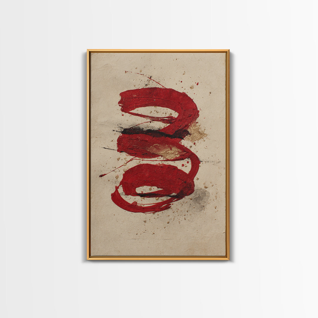 Bold Red Brushstroke Seal Abstraction Framed Canvas Print, Calligraphy Art, Print, Living Room Decor, Fine Art, Script, CAL-2x3-75
