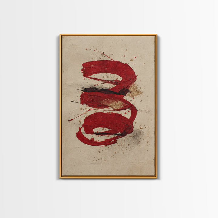 Bold Red Brushstroke Seal Abstraction Framed Canvas Print, Calligraphy Art, Print, Living Room Decor, Fine Art, Script, CAL-2x3-75