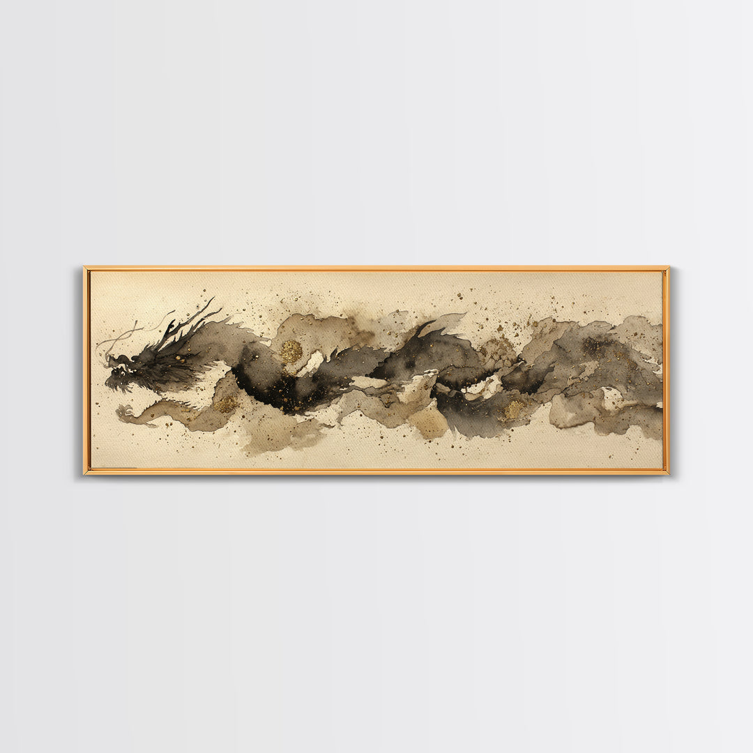 Ink Wash Dragon Curve Framed Canvas Print, Calligraphy Art, Wall Art Print, Living Room Decor, Fine Art, Script, Japanese Decor, CAL-3x1-1