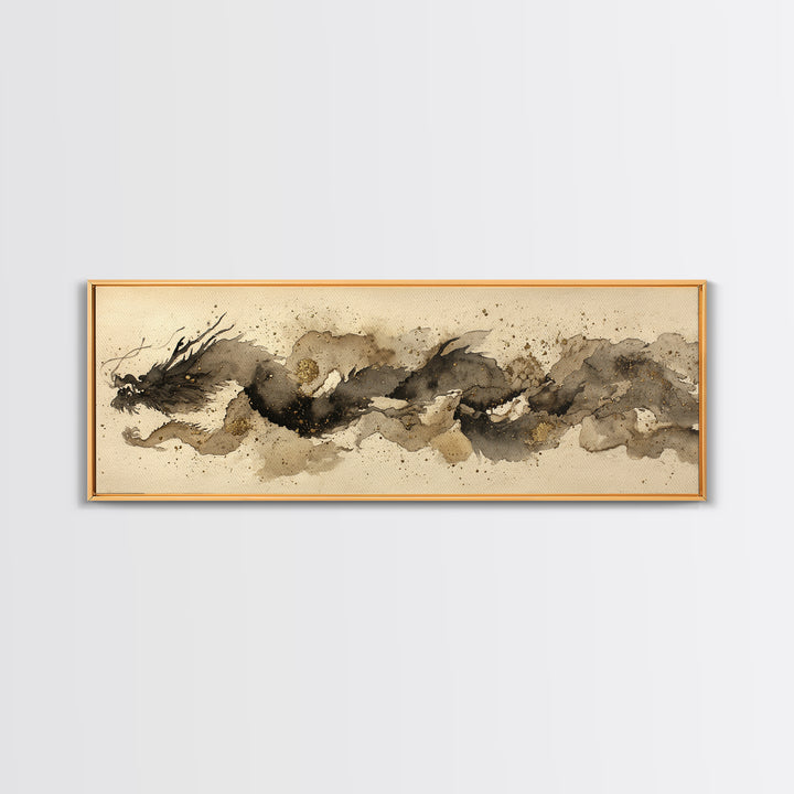 Ink Wash Dragon Curve Framed Canvas Print, Calligraphy Art, Wall Art Print, Living Room Decor, Fine Art, Script, Japanese Decor, CAL-3x1-1