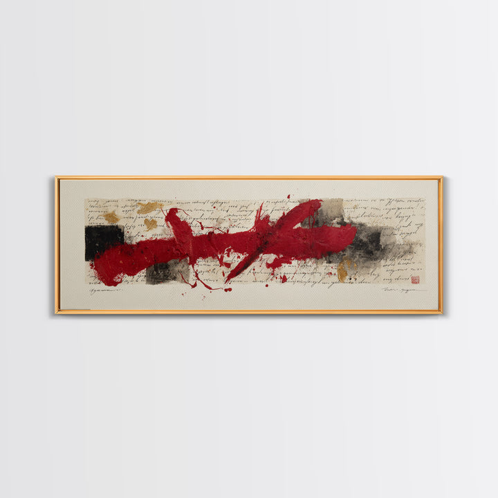 Bold Red Brushstroke Seal Abstraction Canvas Print, Calligraphy Art, Gallery Wall Set, Living Room Decor, Fine Art, Script, CAL-3x1-11