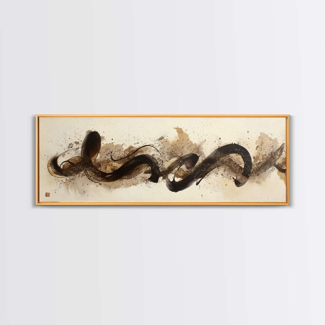 Abstract Gold Calligraphic Strokes on Ivory Paper Canvas Print, Calligraphy Art, Printable Wall Art, Living Room Decor, Script, CAL-3x1-18