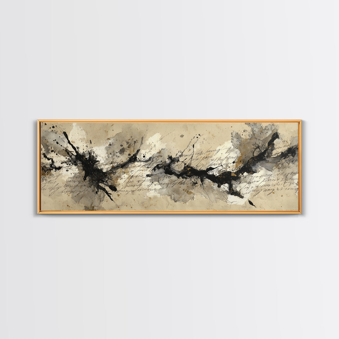 Ink Splatter and Long Brushstroke Composition Framed Canvas Print, Calligraphy Art, Quote Wall Art, Living Room Decor, Script, CAL-3x1-32