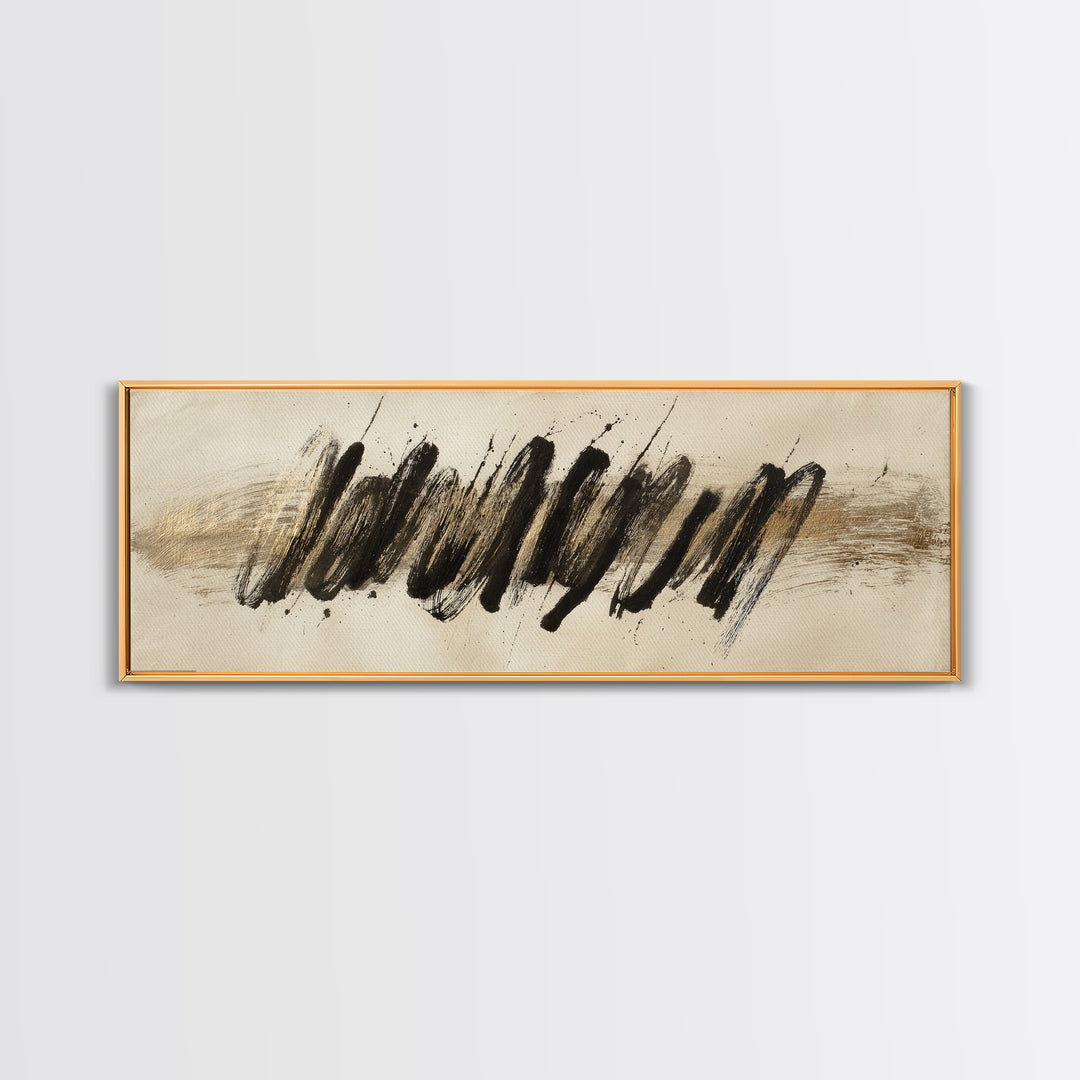 Abstract Gold Calligraphic Strokes on Ivory Paper Canvas Print, Calligraphy Art, Unique Wall Art, Living Room Decor, Script, CAL-3x1-42