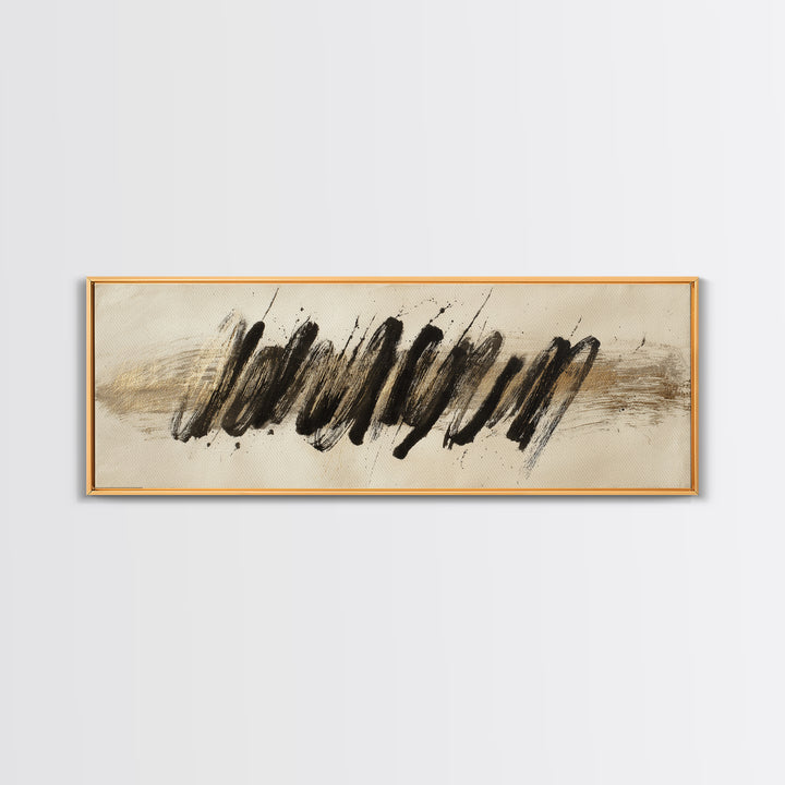 Abstract Gold Calligraphic Strokes on Ivory Paper Canvas Print, Calligraphy Art, Unique Wall Art, Living Room Decor, Script, CAL-3x1-42