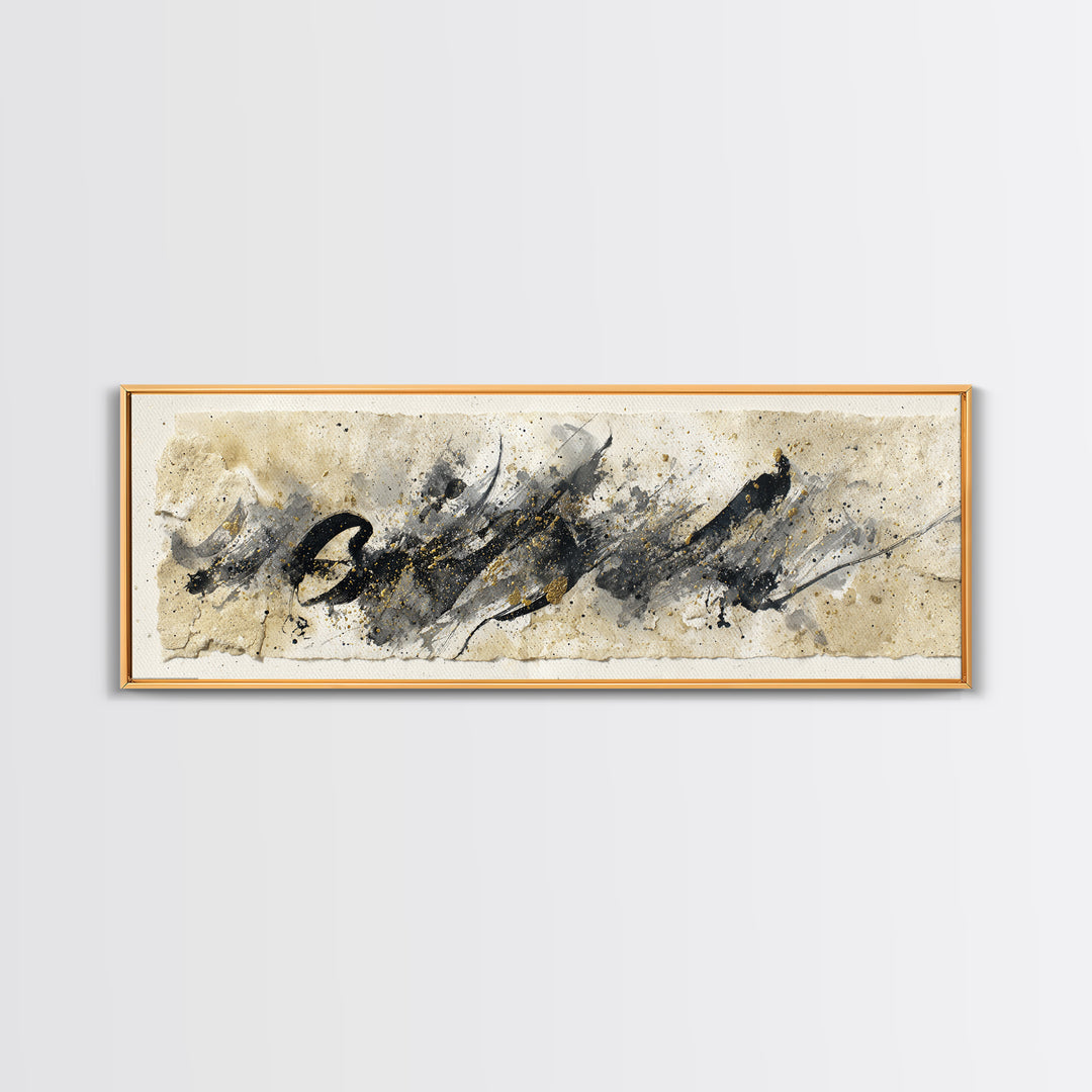 Monochrome Brush Alphabet Fragments as Abstract Texture Canvas Print, Calligraphy Art, Living Room Decor, Script, CAL-3x1-5