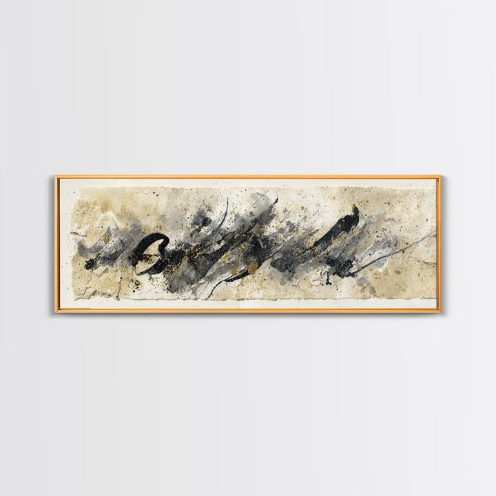 Monochrome Brush Alphabet Fragments as Abstract Texture Canvas Print, Calligraphy Art, Living Room Decor, Script, CAL-3x1-5