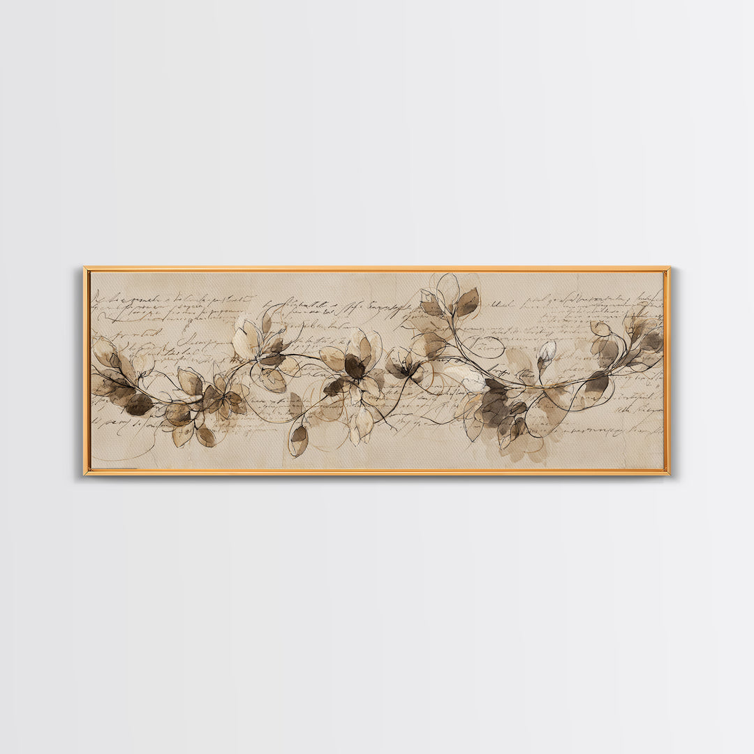 Floral Vine Created from Graceful Script Like Framed Canvas Print, Calligraphy Art, Living Room Decor, Oil Painting, Script, CAL-3x1-51