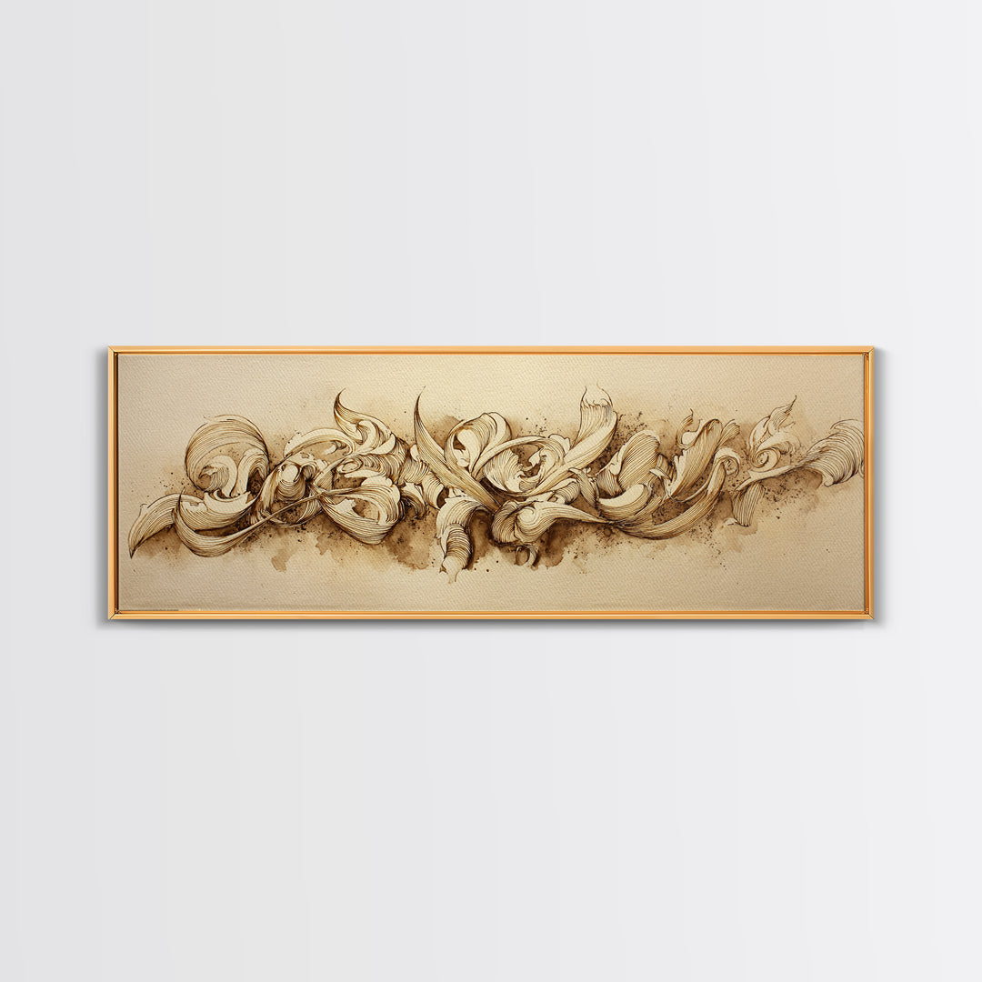 Baroque Scrollwork Made from Looping Pen Strokes Framed Canvas Print, Calligraphy Art, Room Decor, Living Room Decor, Script, CAL-3x1-52