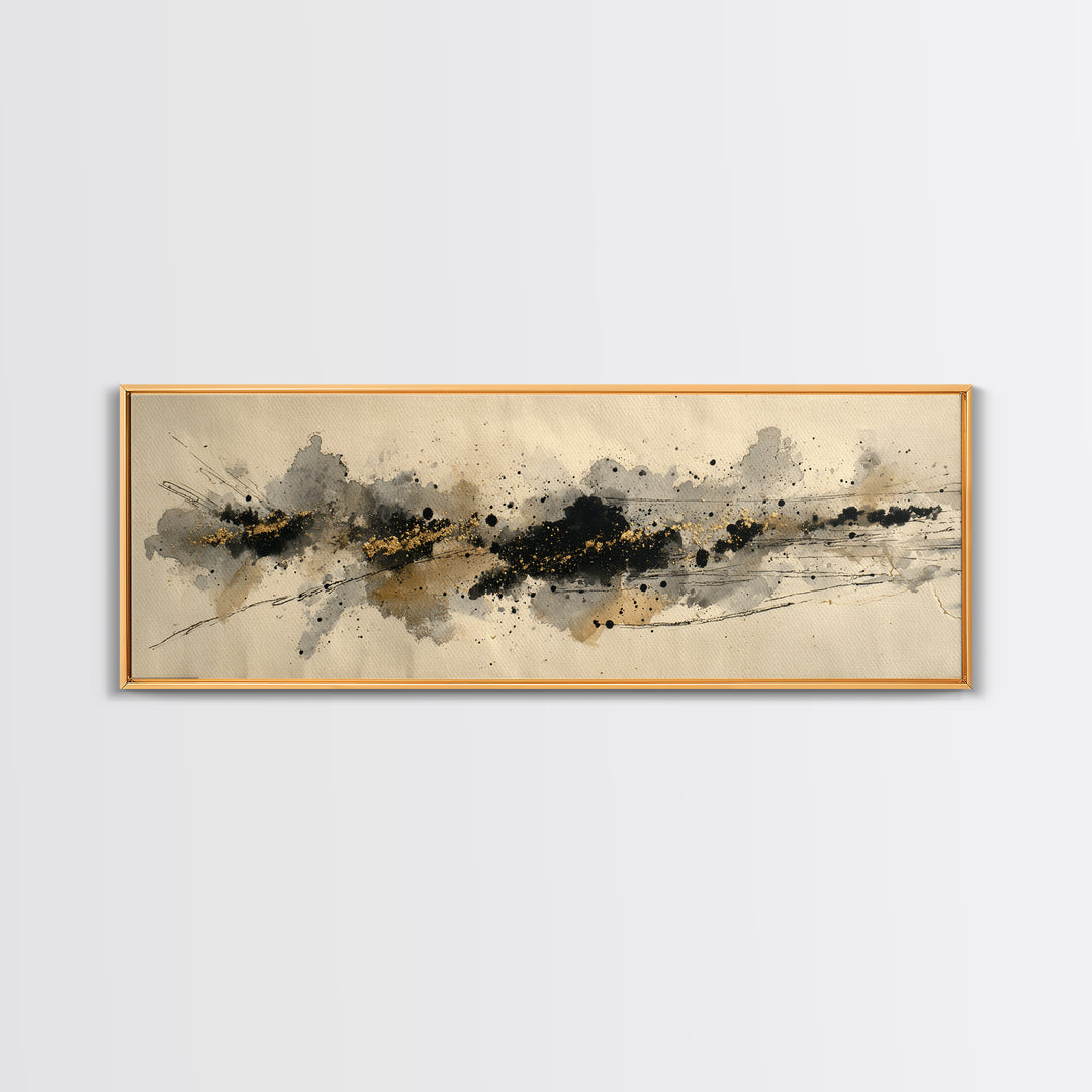 Ink Splatter and Long Brushstroke Composition Canvas Print, Calligraphy Art, Textured Painting, Living Room Decor, Script, CAL-3x1-56