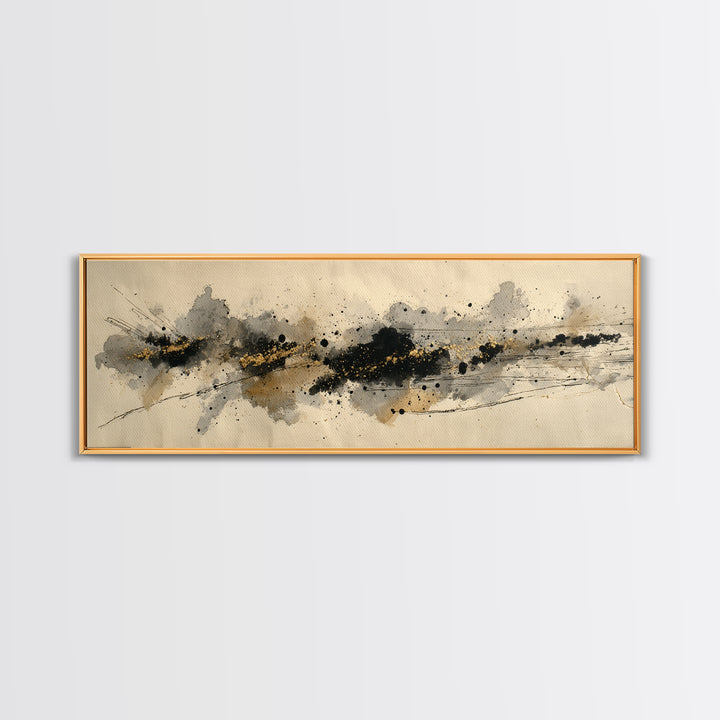 Ink Splatter and Long Brushstroke Composition Canvas Print, Calligraphy Art, Textured Painting, Living Room Decor, Script, CAL-3x1-56