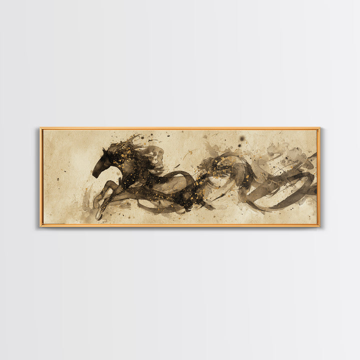 Calligraphic Horse Silhouette Made from One Line Framed Canvas Print, Calligraphy Art, Modern Art, Living Room Decor, Script, CAL-3x1-57