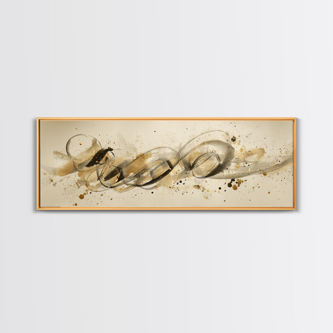 Abstract Gold Calligraphic Strokes on Ivory Paper Canvas Print, Calligraphy Art, Unique Wall Art, Living Room Decor, Script, CAL-3x1-66