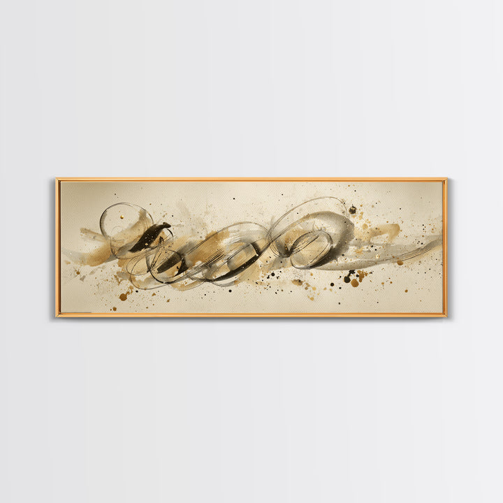 Abstract Gold Calligraphic Strokes on Ivory Paper Canvas Print, Calligraphy Art, Unique Wall Art, Living Room Decor, Script, CAL-3x1-66