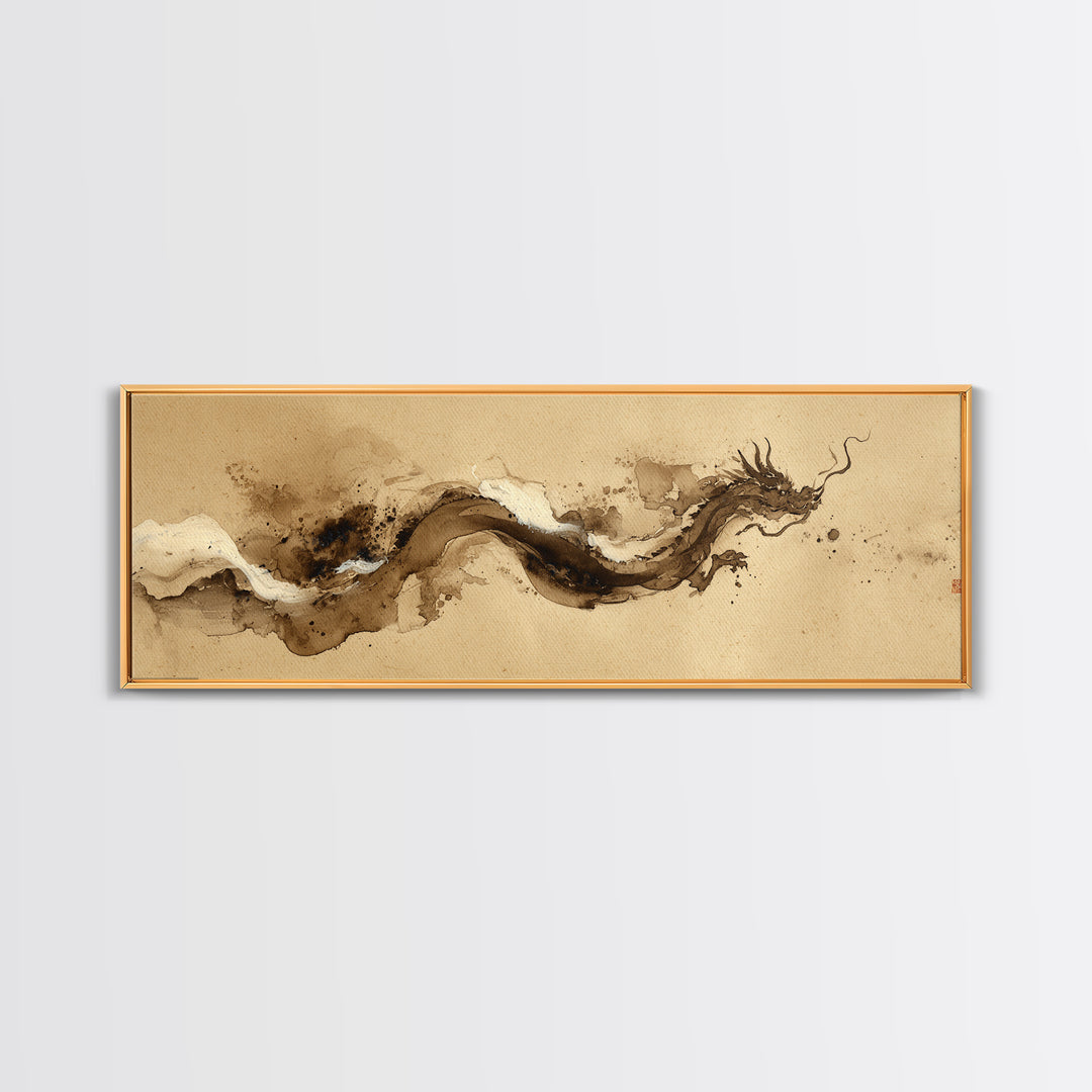 Ink Wash Dragon Curve Framed Canvas Print, Calligraphy Art, Digital Download Art, Living Room Decor, Fine Art, Script, CAL-3x1-73