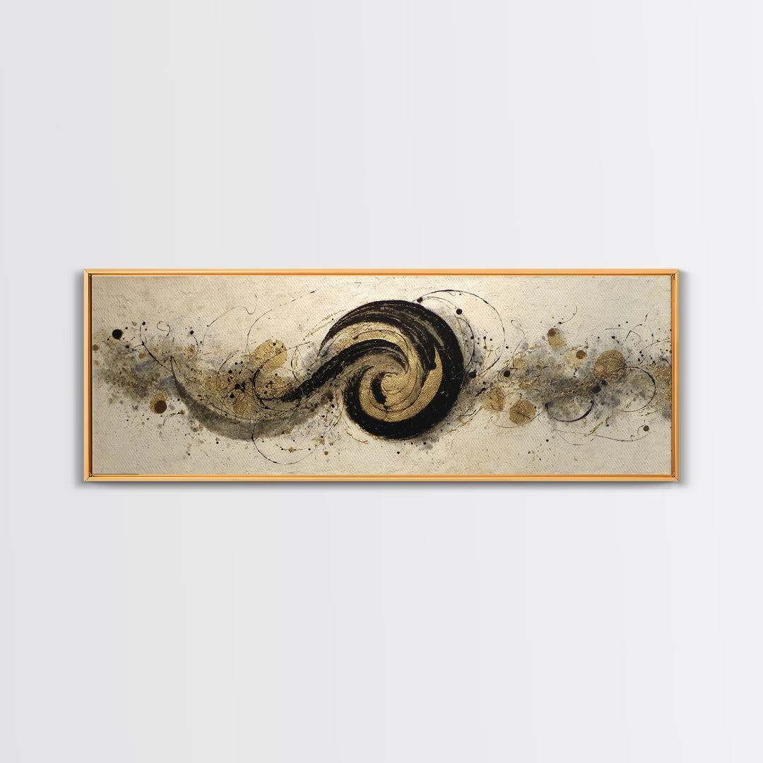 Gold Leaf Calligraphic Spiral on Plaster Surface Canvas Print, Calligraphy Art, Art, Living Room Decor, Oil Painting, Script, CAL-3x1-78