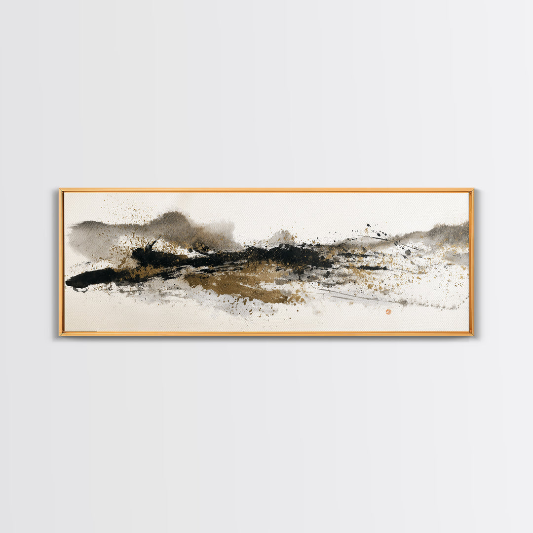 Ink Splatter and Long Brushstroke Composition Canvas Print, Calligraphy Art, Wall Art Printable, Living Room Decor, Script, CAL-3x1-8