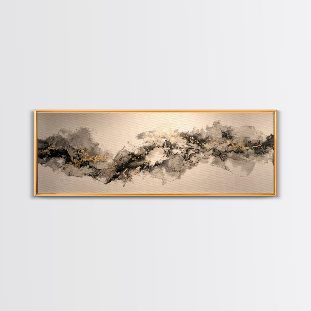 Ink Splatter and Long Brushstroke Composition Canvas Print, Calligraphy Art, Art, Living Room Decor, Fine Art, Script, CAL-3x1-80