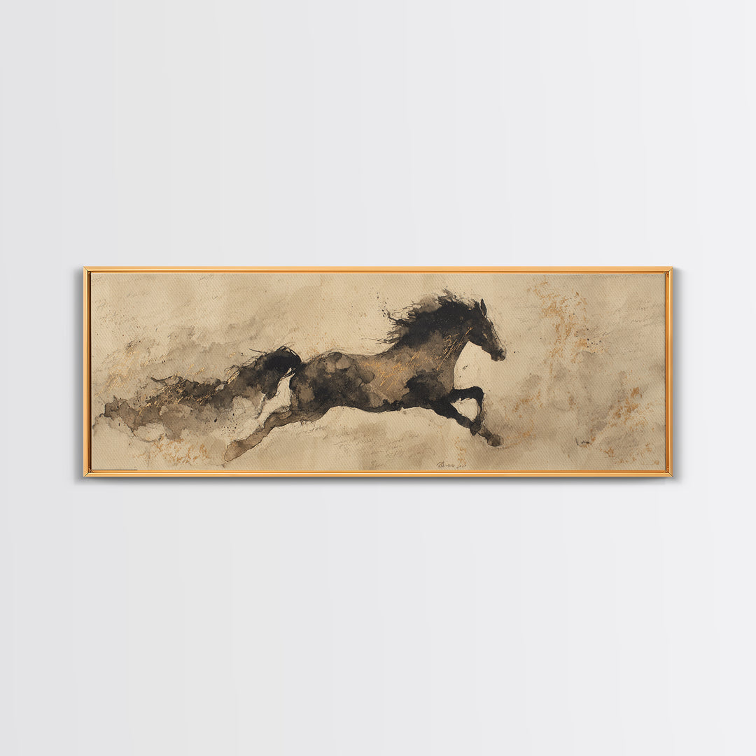 Calligraphic Horse Silhouette Made from One Line Framed Canvas Print, Calligraphy Art, Modern Art, Living Room Decor, Script, CAL-3x1-81