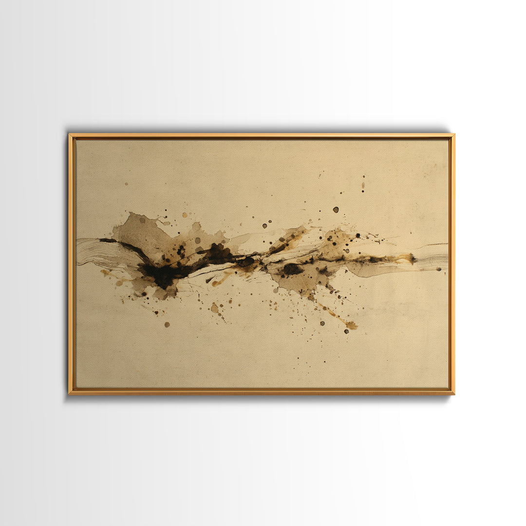 Ink Splatter and Long Brushstroke Composition Framed Canvas Print, Calligraphy Art, Unique Wall Art, Living Room Decor, Script, CAL-3x2-20