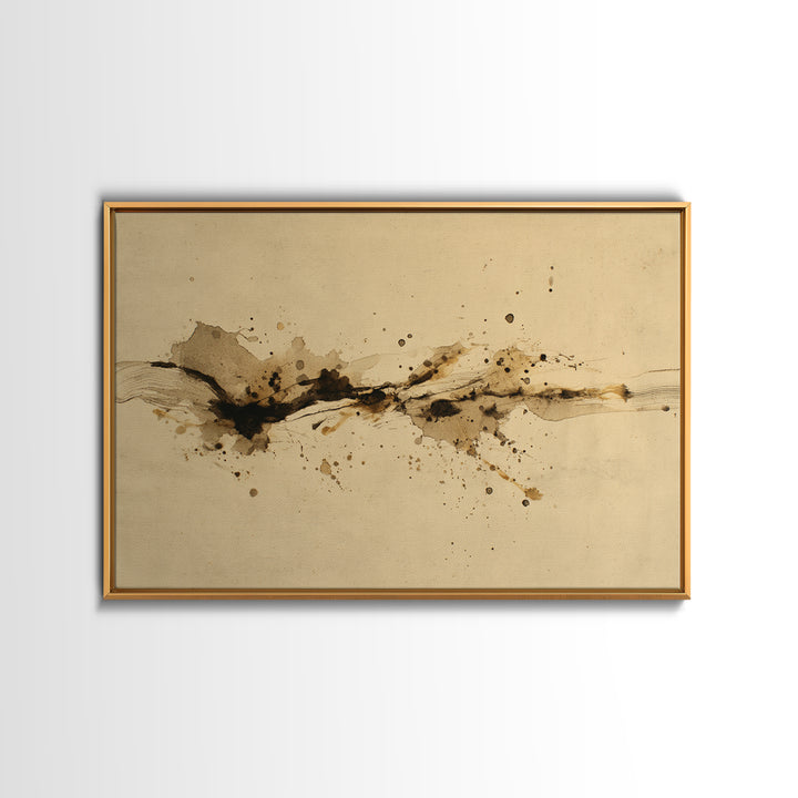 Ink Splatter and Long Brushstroke Composition Framed Canvas Print, Calligraphy Art, Unique Wall Art, Living Room Decor, Script, CAL-3x2-20