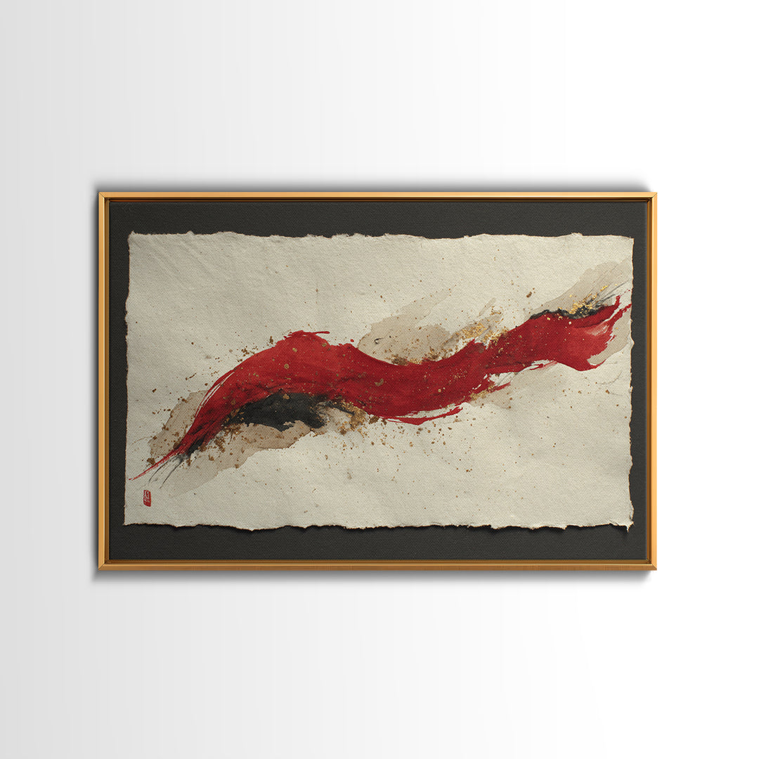 Bold Red Brushstroke Seal Abstraction Framed Canvas Print, Calligraphy Art, Japanese Art, Living Room Decor, Fine Art, Script, CAL-3x2-23