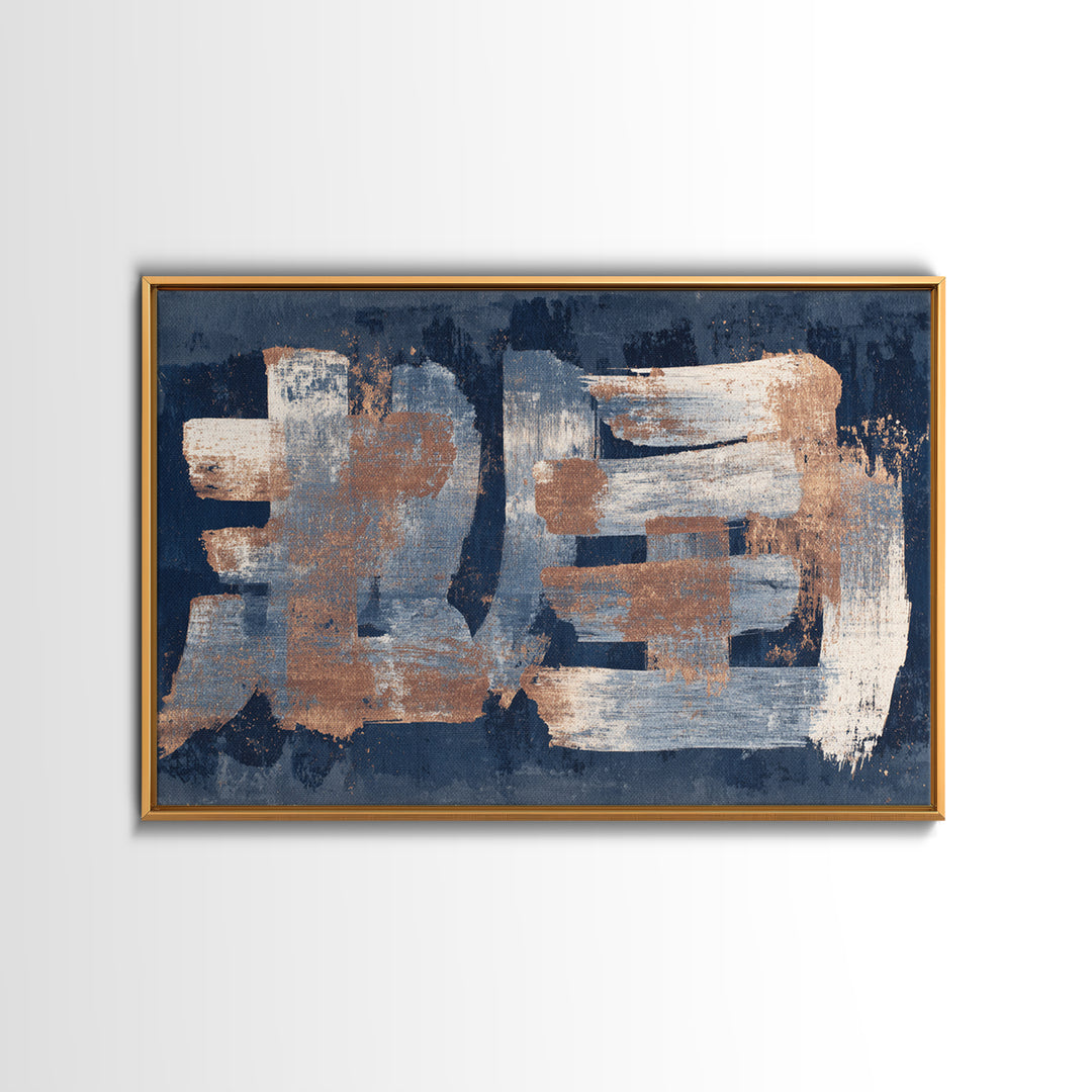 Layered Copper Ink Strokes on Dark Navy Canvas Print, Calligraphy Art, Living Room Wall Art, Living Room Decor, Script, CAL-3x2-34