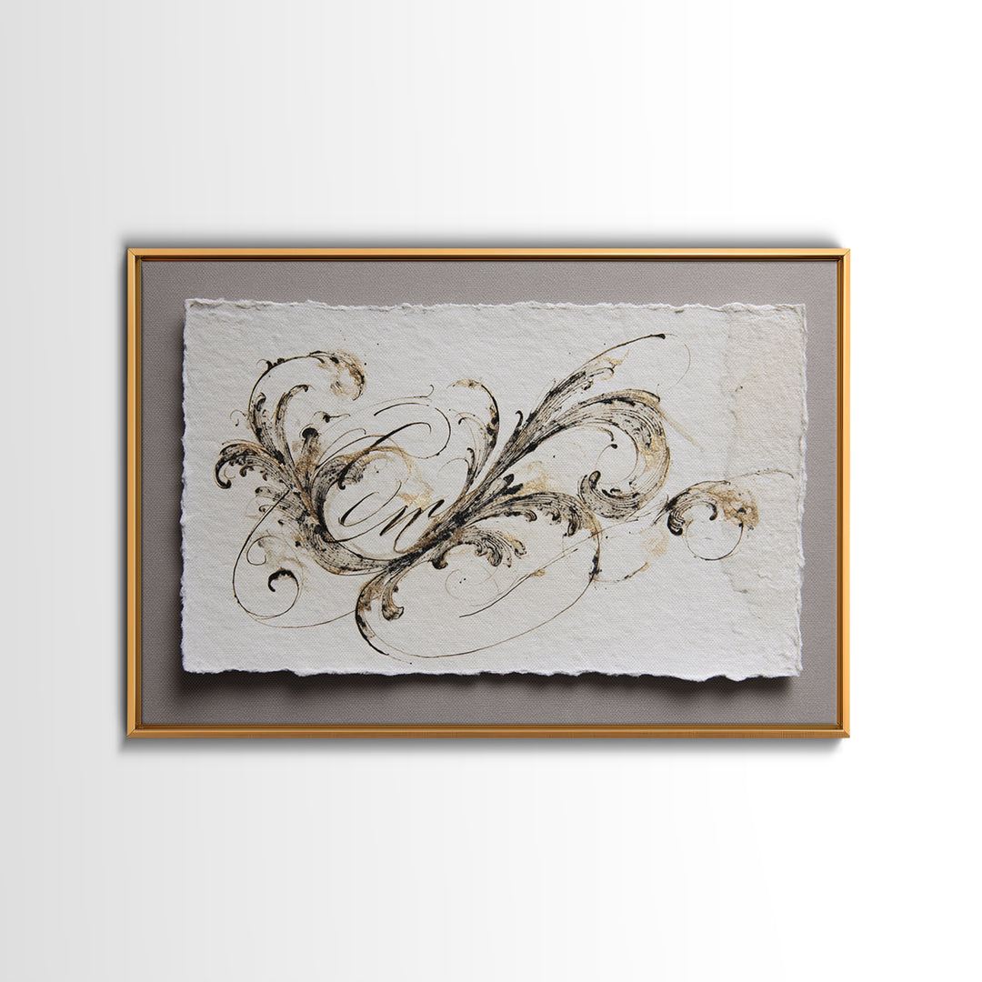 Baroque Scrollwork Made from Looping Pen Strokes Framed Canvas Print, Calligraphy Art, Custom Art, Living Room Decor, Script, CAL-3x2-40