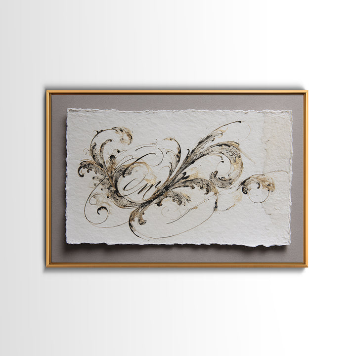 Baroque Scrollwork Made from Looping Pen Strokes Framed Canvas Print, Calligraphy Art, Custom Art, Living Room Decor, Script, CAL-3x2-40