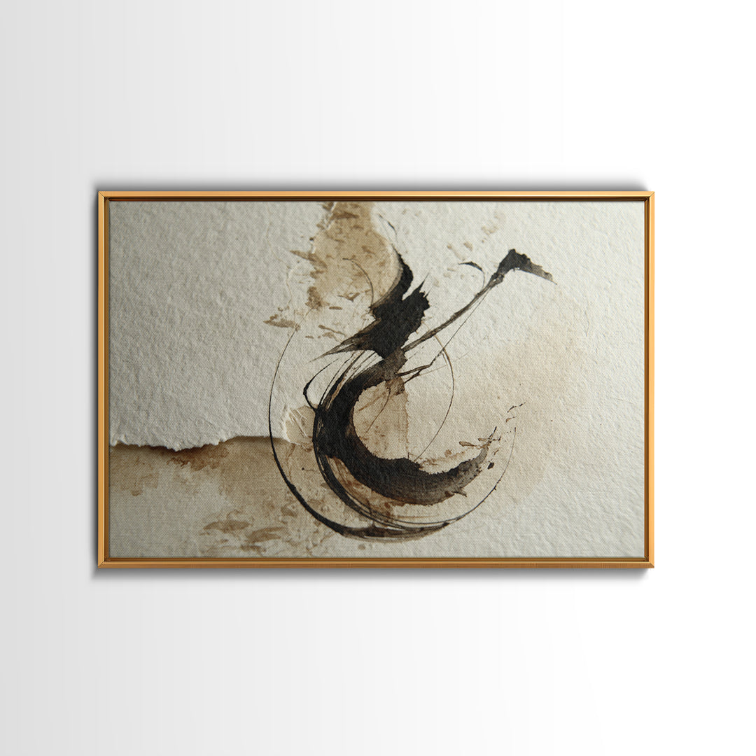 Large Sweeping Black Ink Gesture Like a Framed Canvas Print, Calligraphy Art, Custom Art, Living Room Decor, Fine Art, Script, CAL-3x2-5