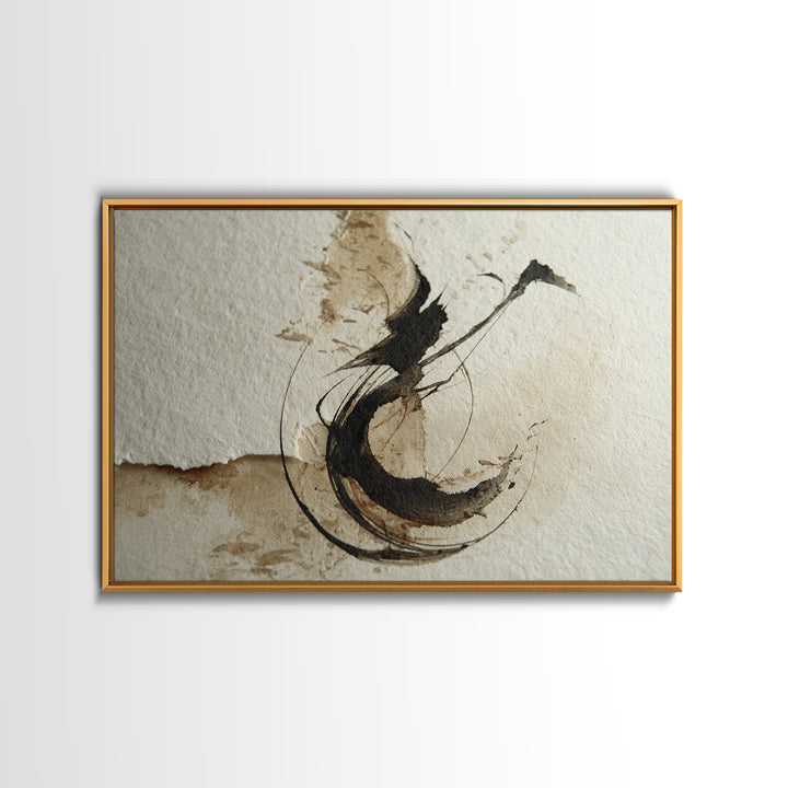 Large Sweeping Black Ink Gesture Like a Framed Canvas Print, Calligraphy Art, Custom Art, Living Room Decor, Fine Art, Script, CAL-3x2-5