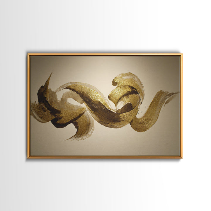 Abstract Gold Calligraphic Strokes on Ivory Paper Canvas Print, Calligraphy Art, Digital Print, Living Room Decor, Script, CAL-3x2-6