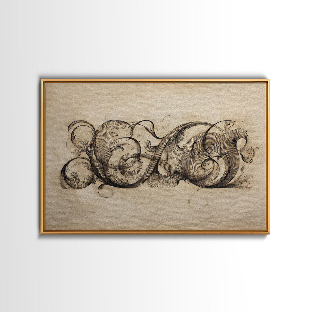 Baroque Scrollwork Made from Looping Pen Strokes Canvas Print, Calligraphy Art, Gallery Decor, Living Room Decor, Script, CAL-3x2-64