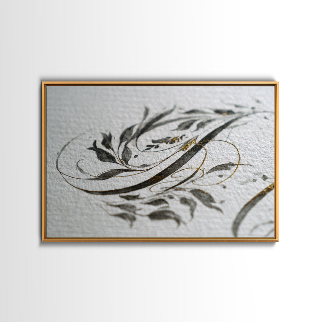 Botanical Calligraphy Pattern Framed Canvas Print, Calligraphy Art, Modern Wall Art, Living Room Decor, Fine Art, Script, CAL-3x2-74