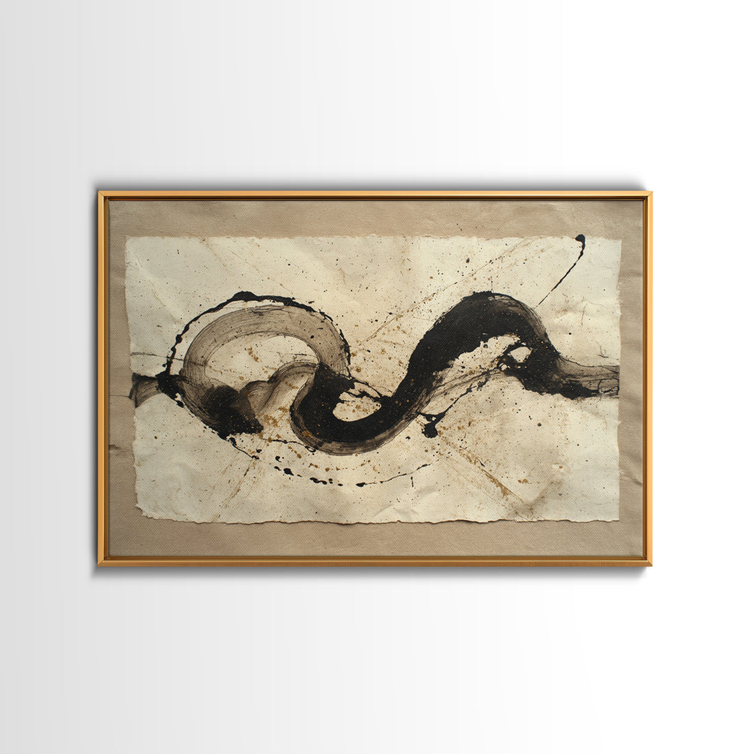 Large Sweeping Black Ink Gesture Like a Framed Canvas Print, Calligraphy Art, Gallery Decor, Living Room Decor, Script, CAL-3x2-77