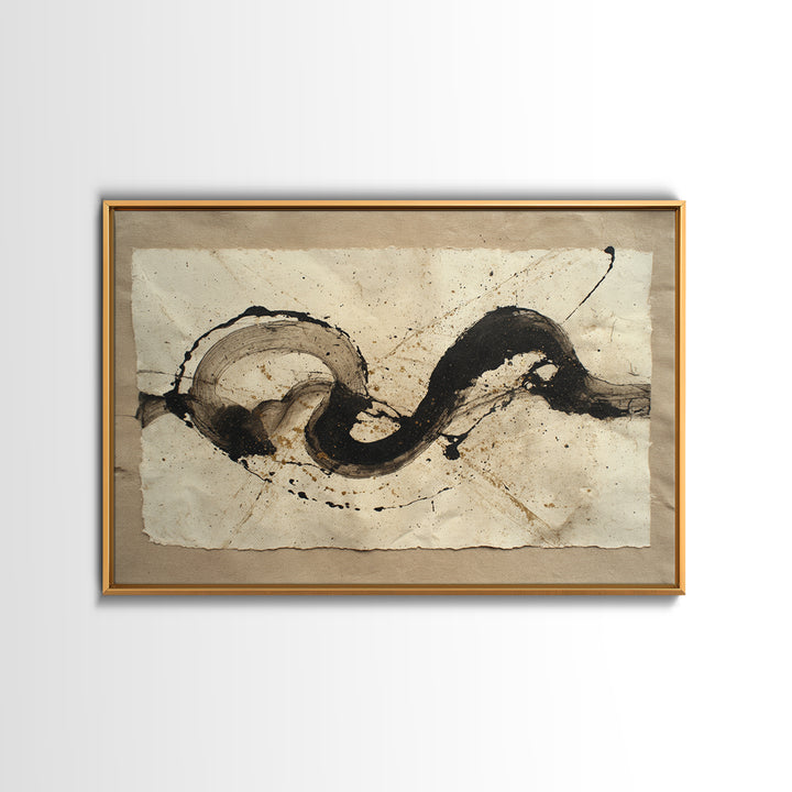 Large Sweeping Black Ink Gesture Like a Framed Canvas Print, Calligraphy Art, Gallery Decor, Living Room Decor, Script, CAL-3x2-77