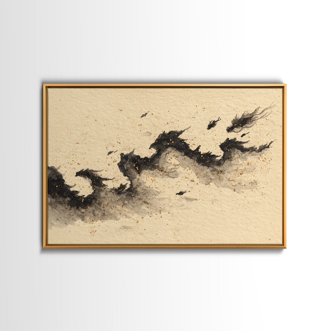 Ink Wash Dragon Curve Framed Canvas Print, Calligraphy Art, Gallery Wall Set, Living Room Decor, Fine Art, Script, CAL-3x2-85
