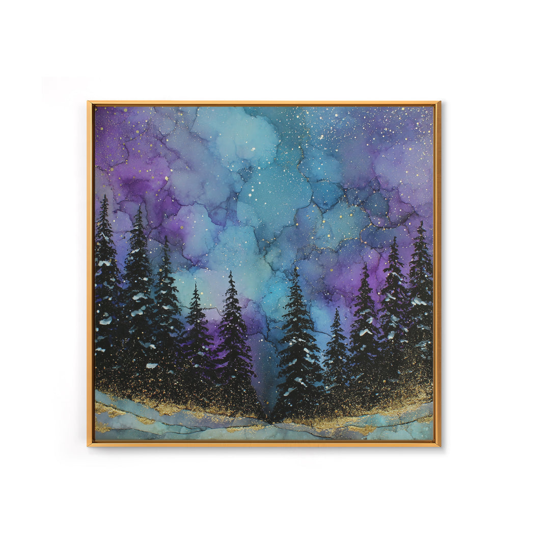 Aurora Borealis over Snowy Pines Framed Canvas Print, Celestial Art, Art Nouveau Decor, Living Room Decor, Fine Art, Celestial, CEL-1x1-41